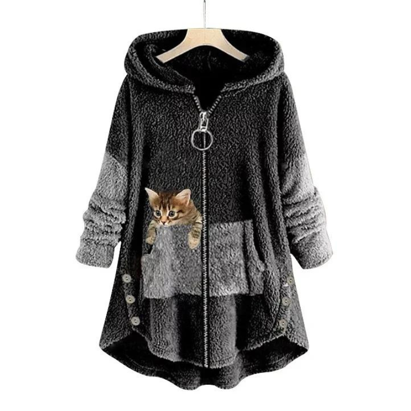 Sage™ - Mjuk Plysch Hoodiejacka Med Söt Kattprint