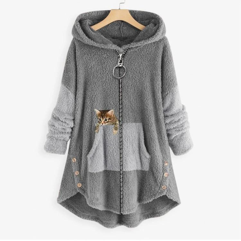 Sage™ - Mjuk Plysch Hoodiejacka Med Söt Kattprint